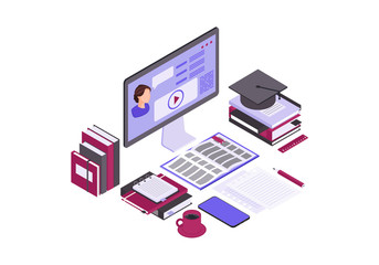 Online education isometric color vector illustration