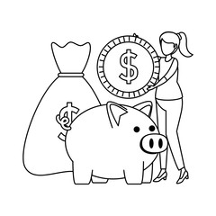 young woman with piggy savings and money sack