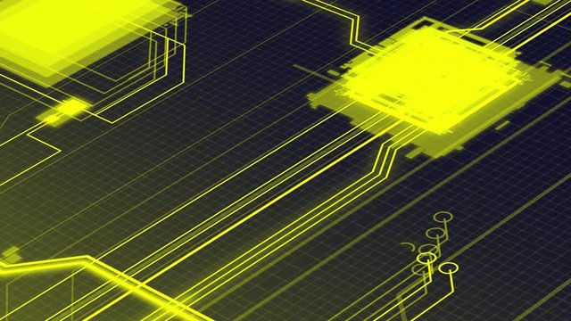 Modern technology animation showing circuitry of motherboard with processor. Overview model of electric circuit. Animation of electric energy inside computer system. Hacking system via network.