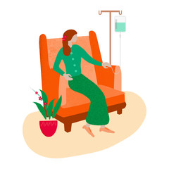 A vector illustration of a female patient sitting on an orange arm chair taking intravenous fluid for her treatment. Fighting cancer concept.