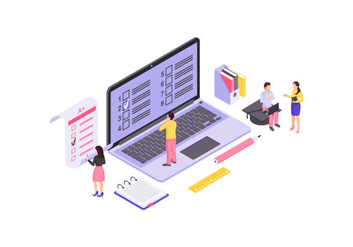 Online Exam Isometric Color Vector Illustration