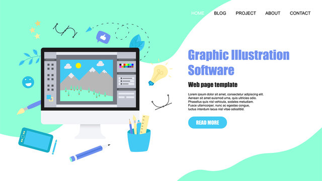 Webpage Template. Flat vector graphic drawing concept with open illustration application with a creative project	