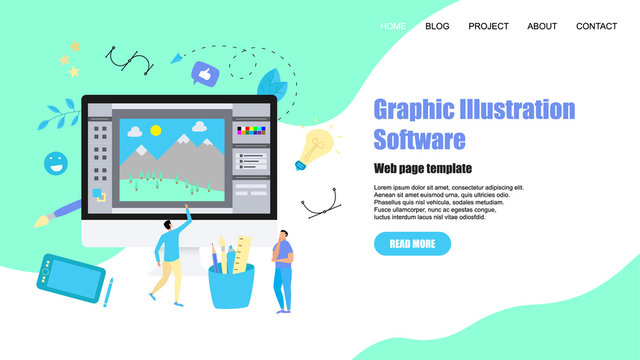 Webpage Template. Flat vector graphic drawing concept with open illustration application with a creative project	