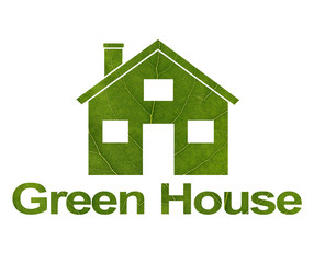 House icon on a white isolated background from a green leaf. The inscription Green House. Close-up