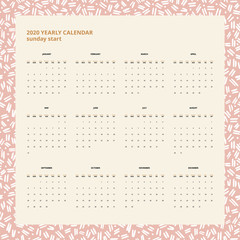 Vector Calendar Planner for 2020 Year with Modern Borders. Week Starts Sunday. Printable Stationery Design