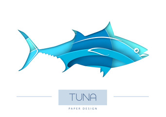 Vector illustration of Fish tuna silhouette. Cut out paper art style design.