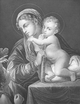 The engraving of Holy Family by Annibale Carracci  in the vintage book the Painting Galleries of Europe, by M.O. Wolf, 1863