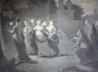 A Proverb of Wise and Foolish Girls by Godfried Schalcken engraved in the vintage book the Painting Galleries of Europe, by M.O. Wolf, 1863