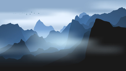 layered landscape with hills and mountains in mist and birds flying at dawn, realistic vector