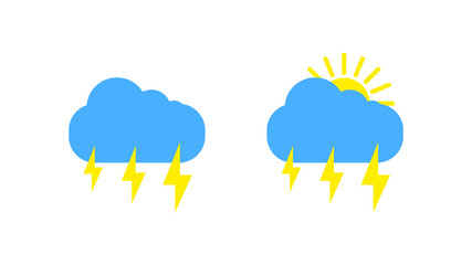 Sunny weather sign icon on white background. Yellow sun and cloud and lightning illustration