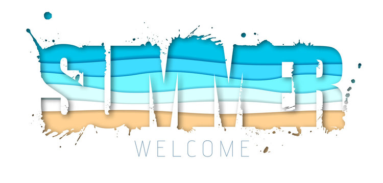 Summer typography poster with beach and ocean waves. Cut out paper art style design