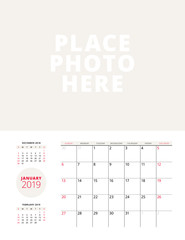 Wall calendar planner template for January 2019. Week starts on Sunday. Vector illustration. Stationery print design