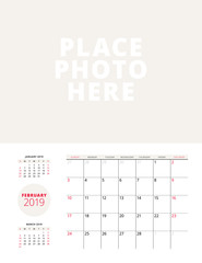 Wall calendar planner template for February 2019. Week starts on Sunday. Vector illustration. Stationery print design