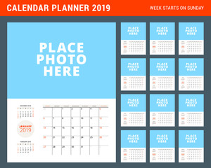 Wall calendar planner template for 2019 year. Week starts on Sunday. Vector illustration. Stationery print design. Set of 12 months