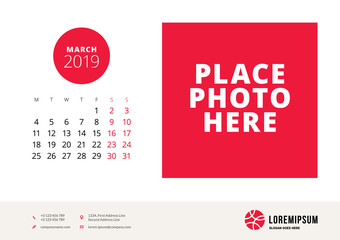 March 2019. Desk calendar design template with place for photo. Week starts on Monday. Vector illustration