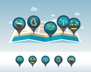 Summer pin map icon located on map. Vacation