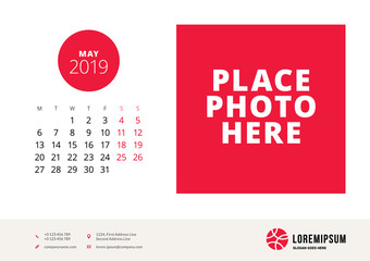 May 2019. Desk calendar design template with place for photo. Week starts on Monday. Vector illustration