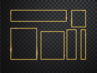 Gold shiny glowing frames set with shadows isolated on transparent background. Pack of luxury realistic square, round, oval borders. Vector illustration