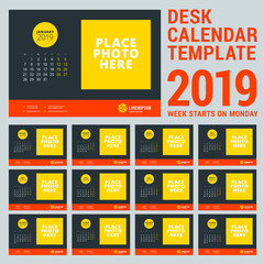 Calendar for 2019 year. Desk calendar design template with place for photo. Week starts on Monday. Vector illustration