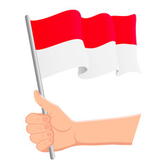 Hand holding and waving the national flag of Indonesia. Fans, independence day, patriotic concept. Vector illustration, eps 10.