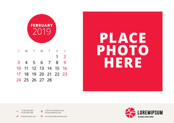 February 2019. Desk calendar design template with place for photo. Week starts on Sunday. Vector illustration