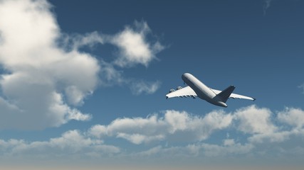 The plane will fly into the sky with clouds, 3D rendering