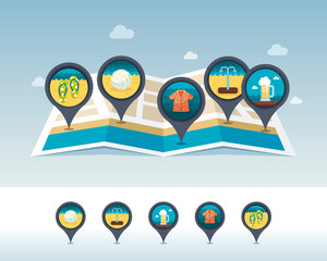 Summer pin map icon located on map. Vacation