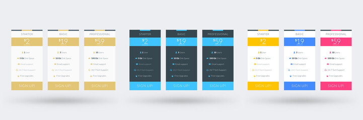 Pricing table design template for websites and applications. Set of three different color variations. Vector pricing plans. Flat style vector illustration
