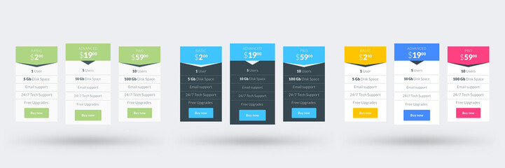 Pricing table design template for websites and applications. Set of three different color variations. Vector pricing plans. Flat style vector illustration