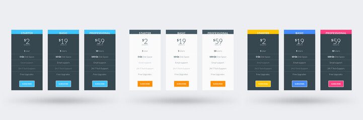 Pricing table design template for websites and applications. Set of three different color variations. Vector pricing plans. Flat style vector illustration