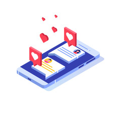 Push like notifications.  Social networking  concept. Vector isometric illustration.