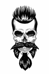 Monochrome illustration barbershop of skull with beard, mustache, hipster haircut and on white background, cartoon, angry, beautiful, brutal.