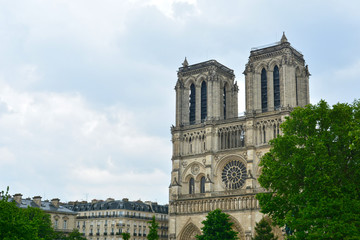Fototapeta na wymiar Legendary Paris cathedral Notre Dame. Beautiful Parisian achitecture. Magnificent landmark after destructive fire. Paris, France