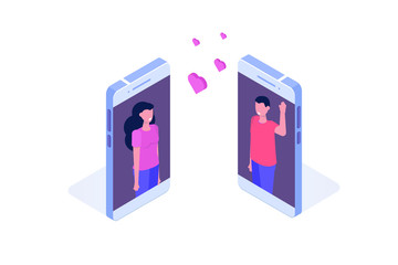 Virtual relationships, online dating, social networking concept. Vector isometric illustration.