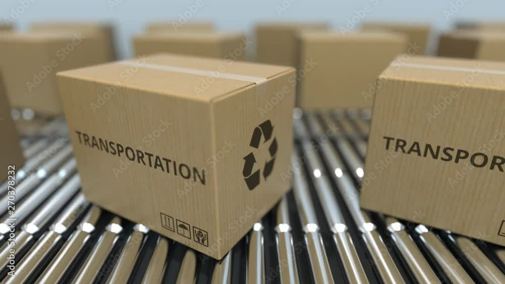 Aufkleber carton boxes with transportation text move on roller conveyor. loopable 3d animation