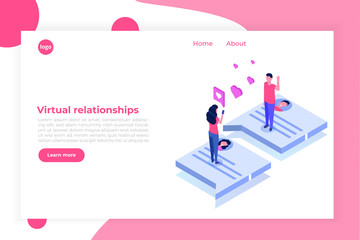Virtual relationships, online dating, social networking concept. Vector isometric illustration.