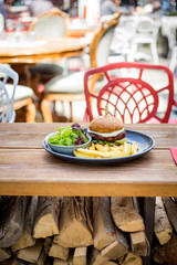 burger with french fries and salad in restaurant garden