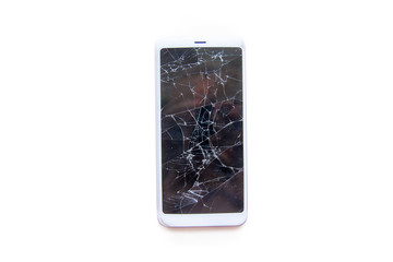 Mobile smartphone with broken glass screen isolated on white. copyspace fo text. Service, repair...