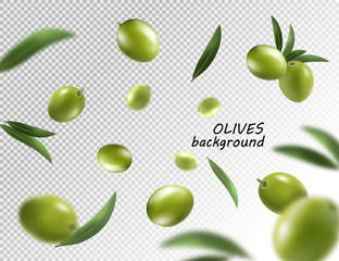 Falling olive isolated on transparent background. 3d vector illustrasion