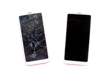 Two mobile smartphones with broken and fixed glass touch screen isolated on white. Service, repair...