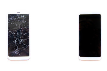 Frame for text made of two mobile smartphones with broken and fixed glass touch screen isolated on...