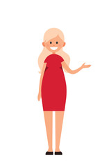 Front view animated character. Designer character. Cartoon style, flat vector illustration of smiling girl with long blonde hair in red dress. Standing woman with hand up. Choosing pose. Presentation