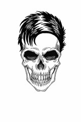 Monochrome illustration barbershop of skull with, hipster haircut and on white background, cartoon, angry, beautiful, brutal.