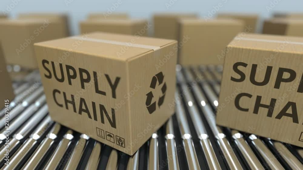 Poster carton boxes with supply chain text move on roller conveyor. loopable 3d animation