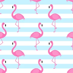 Foto op Plexiglas Horizontale strepen Zomer naadloos patroon met roze flamingo op gestreepte achtergrond. vector illustratie