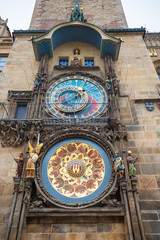 Prague, Czech Republic. Famous and unique medieval Astronomical Clock on the Gothic tower of Old Town Hall. The clock was first installed in 1410 and now is the oldest one still operating.