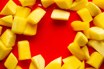 Red cake background with mango. Close up of red cake background. Fresh cake background