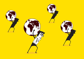 Group, carrying earth globe. Business metephor