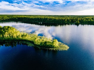 Aerial view of blue lakes landscape with green forests on a sunny summer day in Finland.