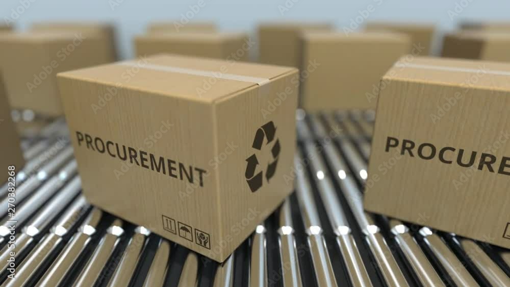 Aufkleber carton boxes with procurement text move on roller conveyor. loopable 3d animation